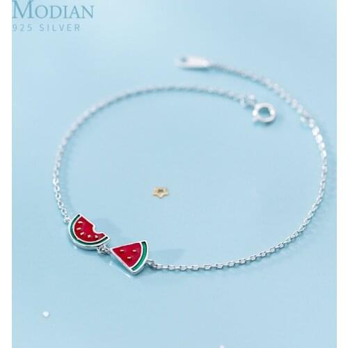 Modian New 925 Sterling Silver Enamel Lovely Fruit Watermelon Asymmetry Bracelet for Women Link Chain Fine Jewelry Accessories
