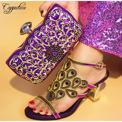 Capputine New Arrival Nigerian Shoes And Bag Set Italian Ladies Decorated With Rhinestone Slipper Shoes And Purse Set TX-25