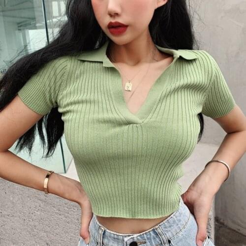 Summer Short Sleeve T Shirt Women Lapel V Neck Sexy Knitting High-waisted Skinny Crop Tops Charm Fashion Clothing Wholesale