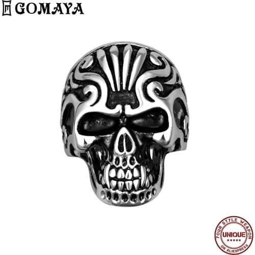 GOMAYA Vintage Skull Patterned Biker Gothic Mens Ring 316L Stainless Steel Punk Hip Hop Ring Titanium Party Fashion Jewelry