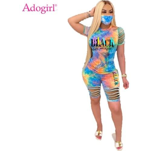 Adogirl Letter Print Tie Dye 2 Piece Set Hollow Out Stripe Short Sleeve T Shirt Top Skinny Shorts 2020 Summer Women Tracksuit