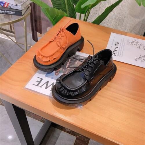 Leather platform shoes womens autumn lace up leather casual shoes all-match increased single shoes white shoes