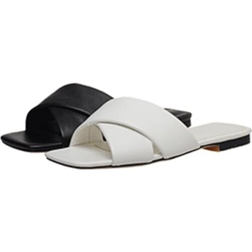 Summer Women Slippers Comfortable Genuine Leather Fabric Sandals Fashionable Design Open-toed Flat Womens Shoes