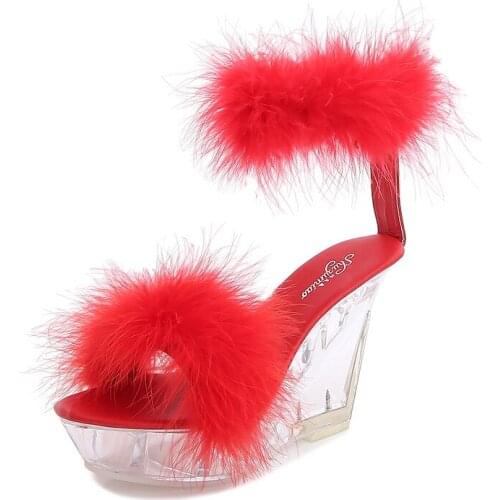 Mclubgirl 2020 Sexy Wedge Nightclub High Heels Fur Banquet Womens Shoes Catwalk Pole Dance Shoes Crystal Bottom LFD-1101-11