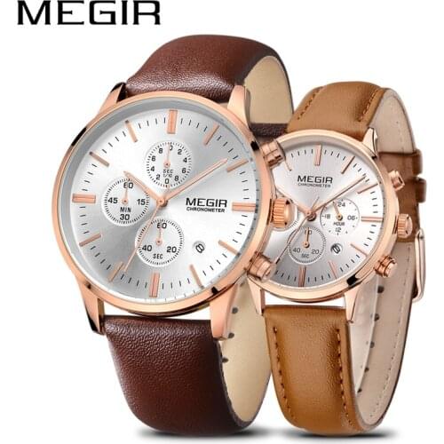 MEGIR Sport Watch Men Leather Strap Lovers Quartz Wrist Watches Set Erkek Kol Saati Reloj Hombre Waterproof Wristwatch Clock