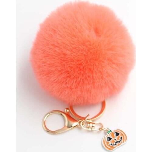 Cute Girl Fluffy Fur Pompons Ball Key Chain For Women Enamel Halloween Pumpkin Keyring On Bag Female Jewelry Party Friends Gift