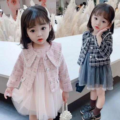 2021 Baby Girls Fashion Clothing Set Plaid Jacket+mesh Dress,Kids Toddlers Spring Autumn 2pcs Princess Suits Children Clothes