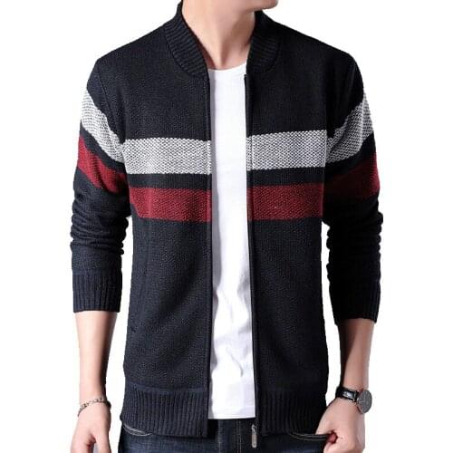 Mens Stitching Bomber jacket Style 2020 Autumn Winter New Striped Thicken Outwear Warm Coat Casual Cardigans knit jackets male