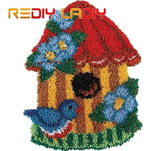 Latch Hook Rug Kit Crocheting Carpet Rug Bird House Acrylic Yarn Pre-Printed Canvas Cushion Mat DIY Crochet Tapestry Crafts