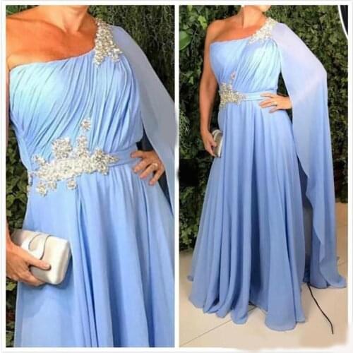 Mother Of The Bride Dresses With Cape One Shoulder Beads Sequins Appliques Chiffom Prom Dress With Sash Plus Size Wvening Gowns