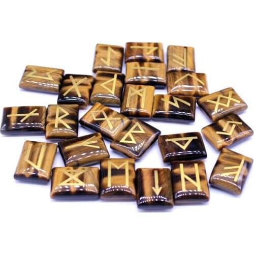 Natural Semi-precious Stone Powder Crystal Tiger Eye Glass 24 Rune Symbols Square Energy Healing Stones