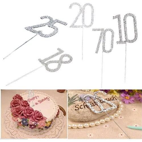 20% discount for 2 pcs!Rhinestone Crystal Cake Pick Topper Birthdays wedding Anniversary celebration Silver Numbers