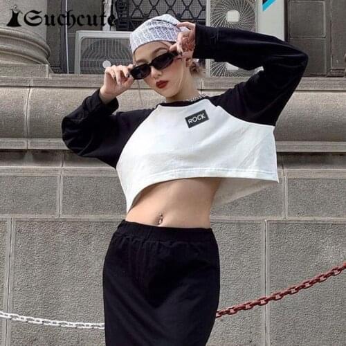 SUCHCUTE Korean Fashion Sweatshirts Autumn Long Sleeve Vintage Casual Letter Print T-Shirts Harajuku Streetwear 90s Gothic Tops