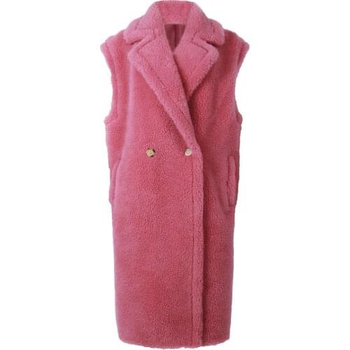 YOLOAgain Oversized Women Long Teddy Coat Jacket Turn-Down Collar Real Lamb Fur Vest