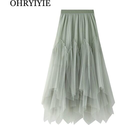 OHRYIYIE Women irregular Long Tulle Skirts Ladies High Waist Ankle-Length Tutu Maxi Skirts Beige Green Female Faldas Jupe Femme