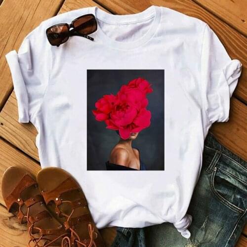Photography Art Fashion Sexy Woman With Flower T-shirt Women Aesthetic Kawaii Cotton Short Sleeve Plus Size Top Tees Streetwear