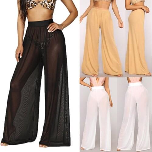 Women High Waist Perspective Exotic Pants Ladies Wide Leg Loose Casual Beach Long Pants Mesh Sheer Plus Size