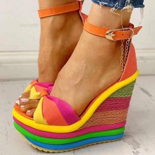 Elegant INS Hot Sale Rainbow Colorful 2021 Summer Wedges Sandals Party Platform Extreme High Heels Shoes Woman Plus Size 43