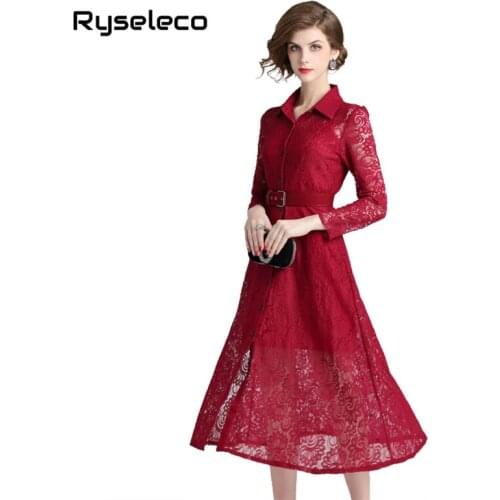 Fall Winter Women Lace Dresses Floral Crochet Button Up Turn Down Collar Casual Elegant Office Party Clothing Long Sleeve Dress
