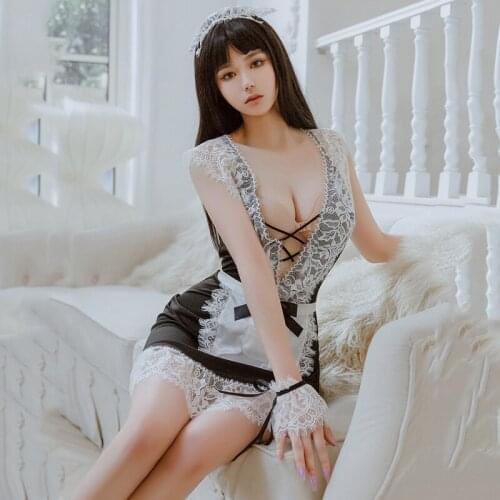 Womens Erotic Lingerie Sexy Lace Deep V Bandage Beauty Back Strap Kawaii Maid Cosplay Alternative Costume Lolita Uniform