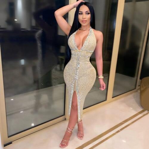 New Women Spring Sexy Backless Halter Mesh Diamonds Crystal Beige Bodycon Midi Dress 2021 Elegant Evening Party Dress Vestidos