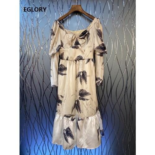 High Quality Silk Dress 2020 Autumn Fashion Style Women V-Neck Color Block Floral Print Ruffle Sexy Long Sleeve Mid-Calf Dress