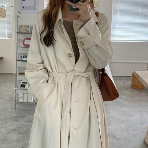 2020 Women Autumn Cotton Beige Long Trench Coat Sashes Elegant Jacket Single Breasted Windbreaker Overcoat Cloak