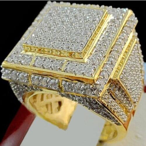 2020 Fashion Gold Color Iced Out Full Crystal Mens Ring Geometric Square Zircon King Finger Ring Bands Cocktail Party Jewelry