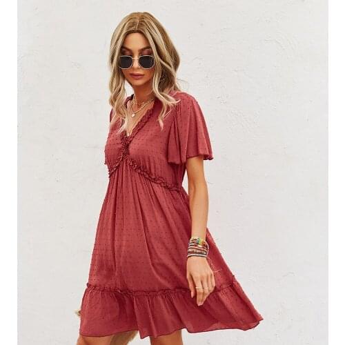 2021 Summer Womens Clothing Fashion Short Sleeve Solid Color Dress V-neck Casual Party Sundress Plus Size Ladies Dress