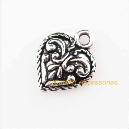 40Pcs Tibetan Silver Color Flower Heart Charms Pendants 11x14.5mm