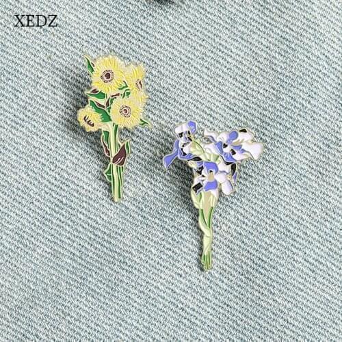 XEDZ Cartoon Sunflower Iris Optimized Carved Enamel Brooch Fashion Romantic Bouquet Plant Badge Costume Jewelry gift For Friends