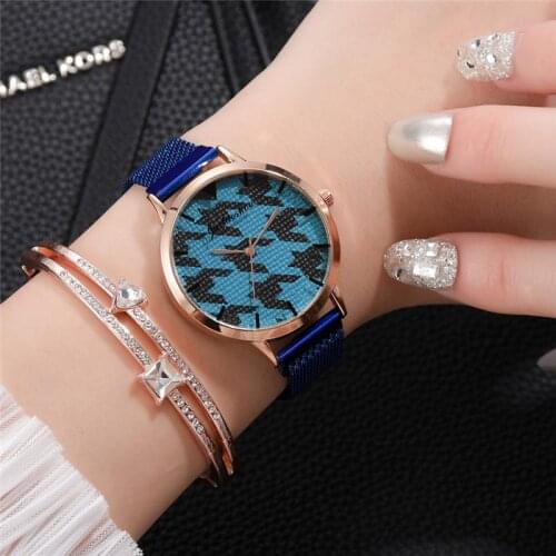 Blue Mesh Strap Womens Fashion Watches Simple Geometric Dial Design Quartz Watch Women Clock Rose Gold Pointer Wristwatches