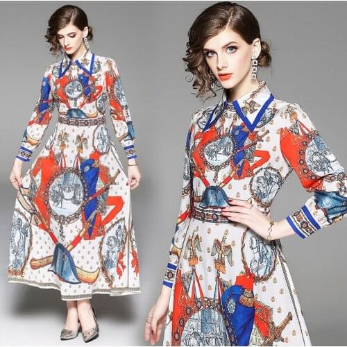 Elegant England Style Bandage Dress Vintage Floral Print Spring/Autumn Turn-down Collar Big Shirt Lantern Sleeve Long Maxi Dress