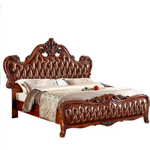 European style solid wood carved bedroom double bed wedding bed deluxe storage bed master bedroom leather bed furniture