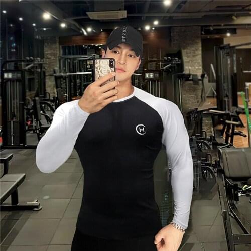 Long Sleeve Tshirt Men Contrast Color Cotton T-shirt Bodybuilding Underwear Shirts Spring Jogger Sports Muscle Exercise 3xl