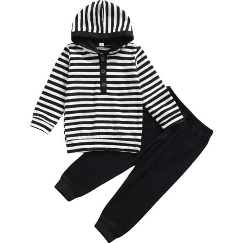 2-6Years Boys Clothes Set Striped Long Sleeve Hooded Tops with Buttons + Solid Color Trousers