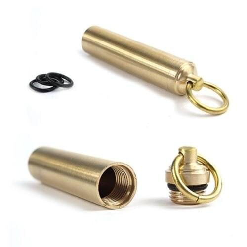 Pill Box Case Bottle Holder Brass Waterproof Container Keychain Medicine Capsule
