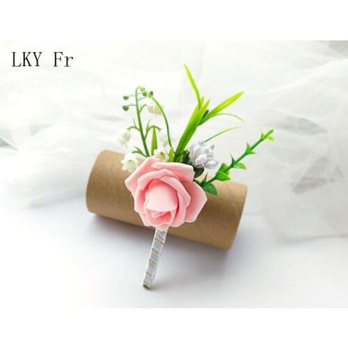 LKY Fr Boutonniere Wedding Brooch Flowers Foam Rose Wrist Corsage Bracelet Bridesmaids Men Pins Buttonhole Prom Suit Accessories