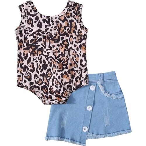 Fashion Toddler Baby Girl Summer Outfits Back Cross Sleeveless Leopard Bodysuit+Ripped Denim Skirts 2Pieces Baby Sets 0-18M
