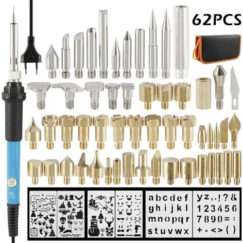 62pcs Kit Engraving Pen Electric Soldering Iron Wood Burning Kit Flipping Word Embossing Pyrography Tool Craft Set