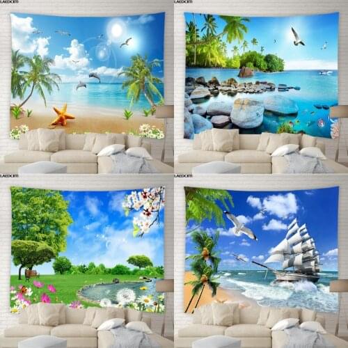 Ocean Scenery Wall Hanging Tapestry Beach Dolphin Green Palm Tree Natural Landscape Background Beach Towel Yoga Mat Home Decor