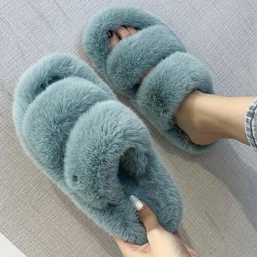 2021 New Women Fur Slippers Winter Slides Fluffy Furry Sandals Woman Flip Flops Home Slippers Hot Ladies Plush Shoes