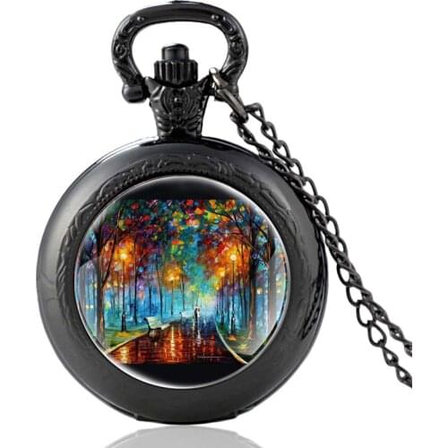 New Arrival Charm Rain Scene Pattern Black Vintage Quartz Pocket Watch Men Women Pendant Necklace Hours Clock Gifts