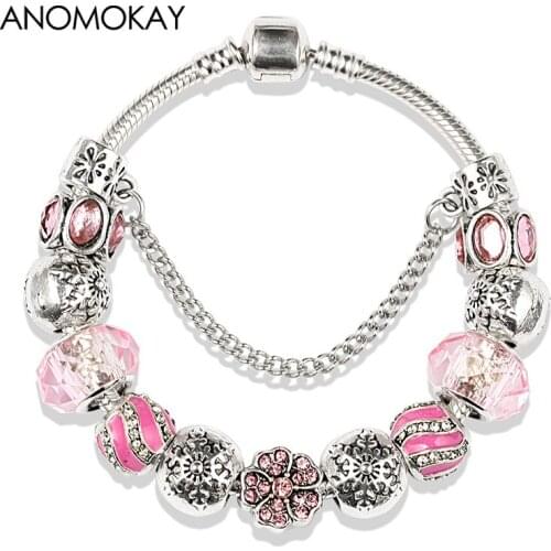 New Silver Plated Pink Crystal Charm Bracelets for Women Diy Flower Snowflake Bead Bracelet Fashion Jewelry Gift