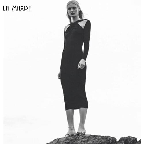 Autumn Elegant Bodycon Dress Womens 2021 New Long Sleeve Simple Pure Color Hollow Luxury Nightclub Evening Runway Dress Vestido