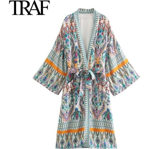 Traf Za Women Fashion Spring Autumn Boho Vintage Printed Kimono Coats Long Lace Up Coat Female Robe Mujer
