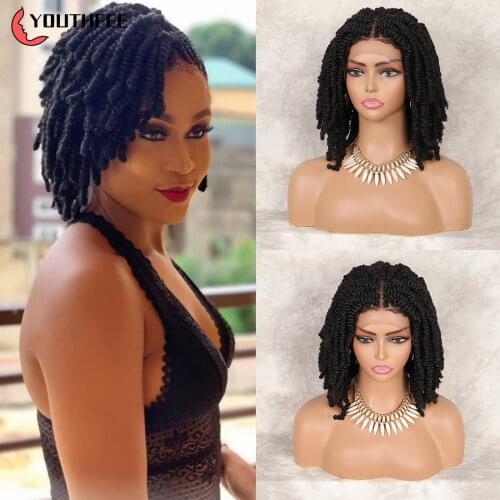 Youthfee 12"Braided Wigs Synthetic Lace Front Wigs 4X4 Lace Twist Braid Wig For Black Women Bob Wig Spring Twist Braids Wig