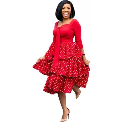 African Print Dress European And American Large Casual Long Sleeve Splicing Polka-dot Cake Skirt Ankara Style Clothing 2021 New