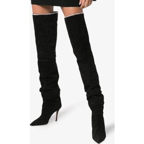 Drop Shipping Fall 2018 Woman Brand Solid Black Pointed Toe Slip On Fold Metal Thin Heels Over The Knee Thigh Long Boots Lady