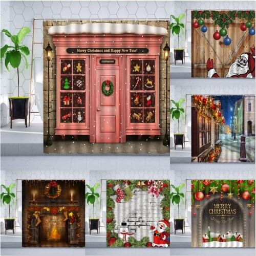 Christmas Shower Curtain Creative Retro Old Wooden Door Santa Claus Christmas Ball Decor Wall Cloth Bathroom Curtains Polyester